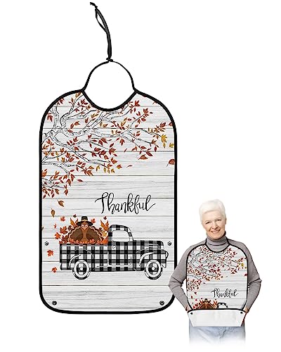 Thanksgiving Turkey Truck Adult Bibs for Eating, Waterproof Bibs with Food Catcher & Adjustable Snap Closure, Black White Plaid Fallen Leaves Wood Clothing Protectors Adult Bibs for Elderly Women/Men