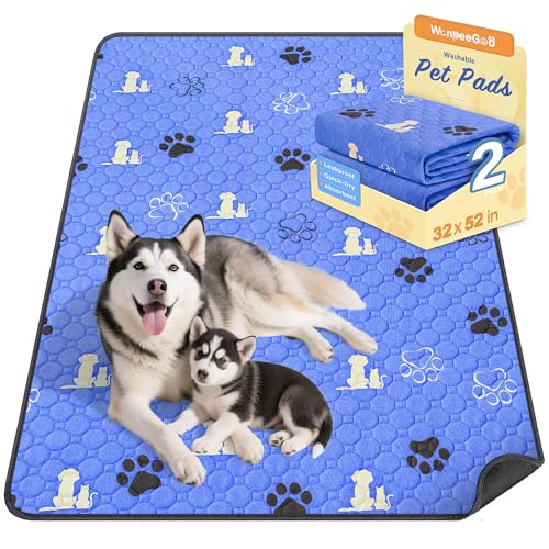 Image of WanpeeGoo Washable Pee Pads for Dogs, Waterproof, 32 x 52 in, 2 Pack, Blue | Super Absorbent, Waterproof and Non-Slip; Washable, Reusable Dog Pads for Crates, Playpens, Floors, Furniture and Travel
