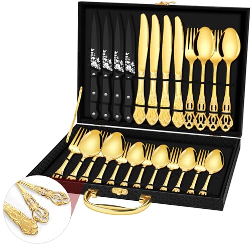 EUIRIO Royal Gold Silverware Set for 4, 24 Pieces Stainless Steel Flatware Set, Cutlery Set Include Forks Spoons Knives and Silverware Gift Box with Handle for Holiday Present, Dishwasher Safe