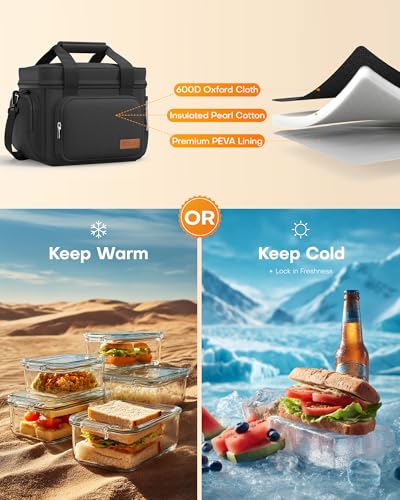 HOTOR Lonchera para hombres y mujeres – Bolsa térmica de almuerzo a prueba de fugas con correa ajustable, múltiples bolsillos para oficina, picnic, senderismo, playa, 1 capa, 8 L, negro, 9.8 x 8.7 x - Vista 3