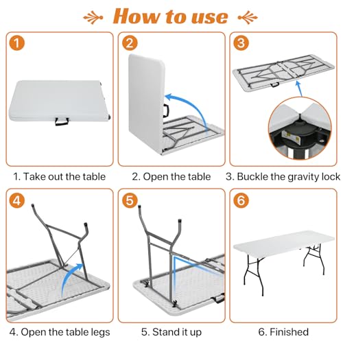 Dkeli Folding Table 6 Foot Indoor Outdoor Heavy Duty Plastic Portable Fold Up Table Utility Camping Dining Party Table thumb #5