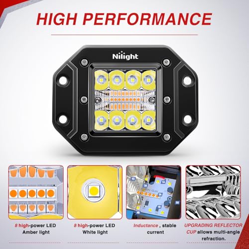 Image of Nilight Flush Mount LED Light Pods 2PCS 42W Amber White 3 Lighting Modes | Fog Lights Spot Flood Combo Beam with Dual Control 18AWG Wiring Harness for Truck Pickup Golf Cart UTV ATV SUV Boat 4x4 Car