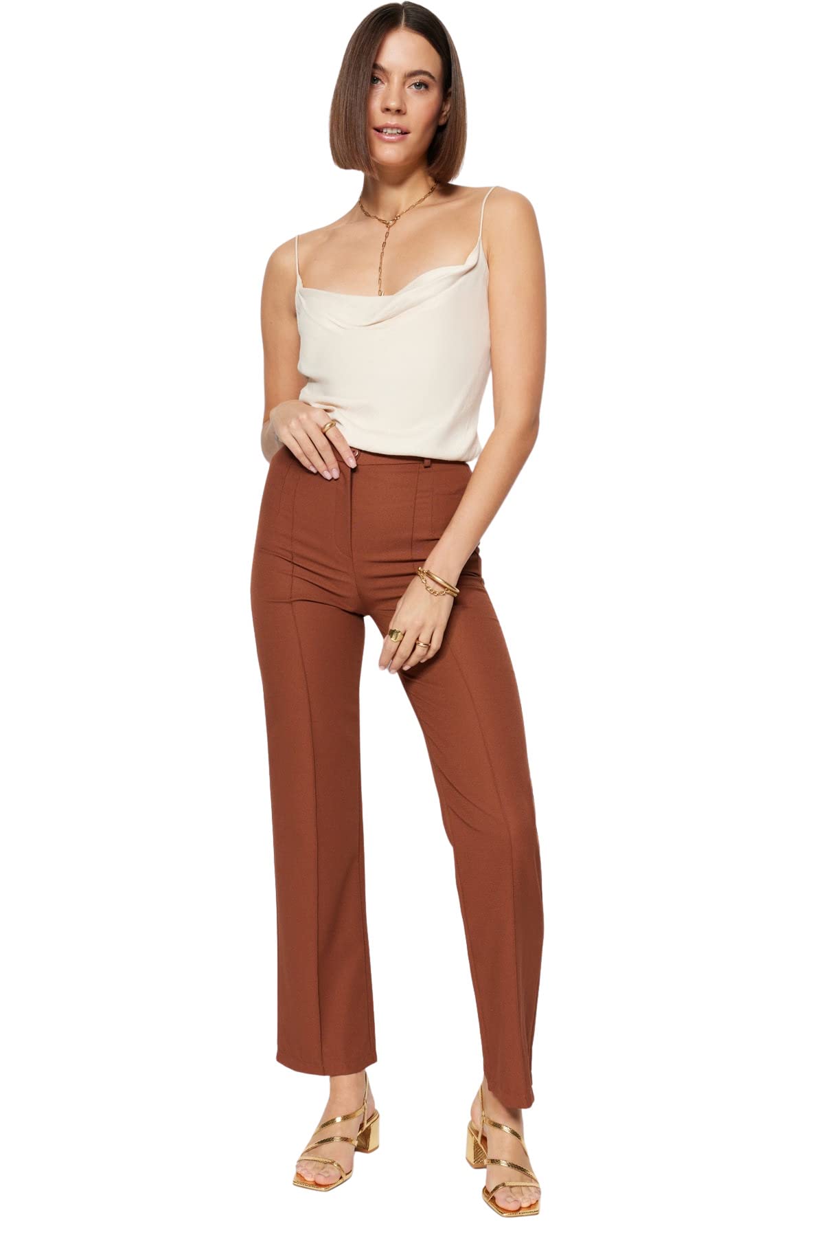 Trendyol Mädchen Braun Woman Basics High Waist Straight Leg Straight Trousers Hose,