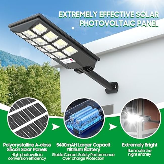 Kifflux Solar Lights Outdoor Waterproof - Solar Street Lights Outdoor Dusk to Dawn, 6500K Powered Security Flood Light with Motion Sensor, Wide Angle Parking Lot Light for Outside, Yard(2 Pack)