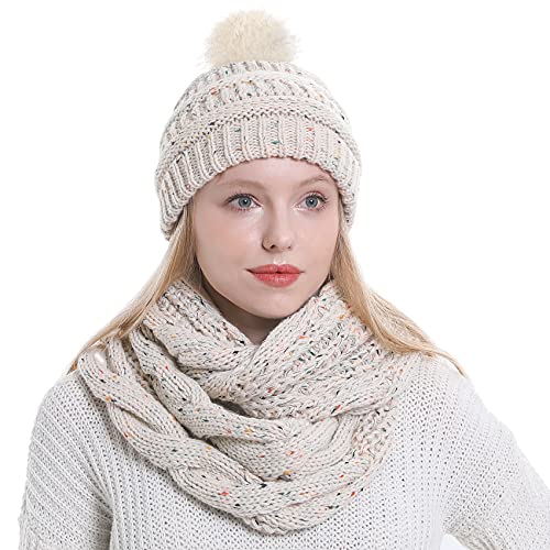 Double Couple Winter Scarf and Hat Set for Women Thick Cable Knitted Circle Loop Infinity Scarfs and Warm Beanie Hat3