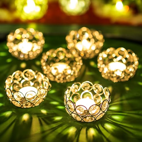 Sziqiqi Juego de 6 Candelabros de Cristal, Portavelas de Velas Pequeñas Centro de Mesa para Navidad Ceremonia Regalo de Boda Fiesta Decoración, 8cm, Borde de Metal Plata