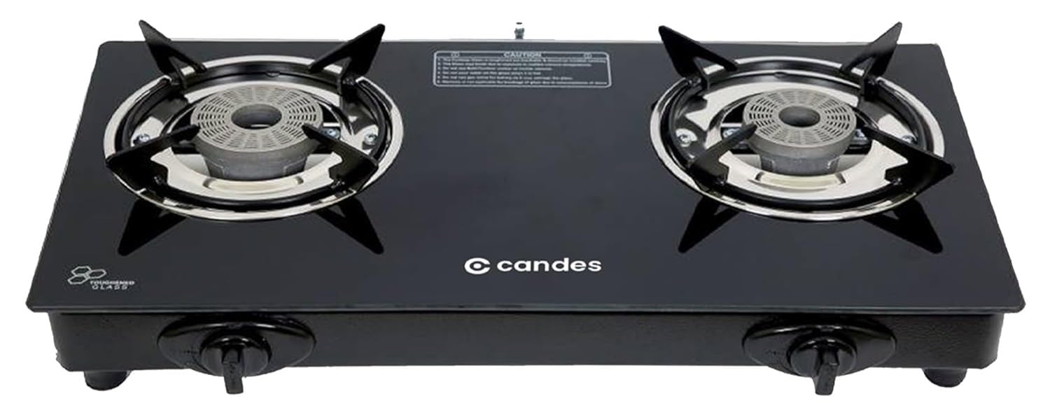 Candes Gas Stove 2 Burners | Gas Saver Tornado Burners | Automatic Ignition 2 Burner Gas Stove | 6mm Toughened Glass | Gas Chulha | LPG Gas Stove | ISI Certified | 1 Yr Warranty