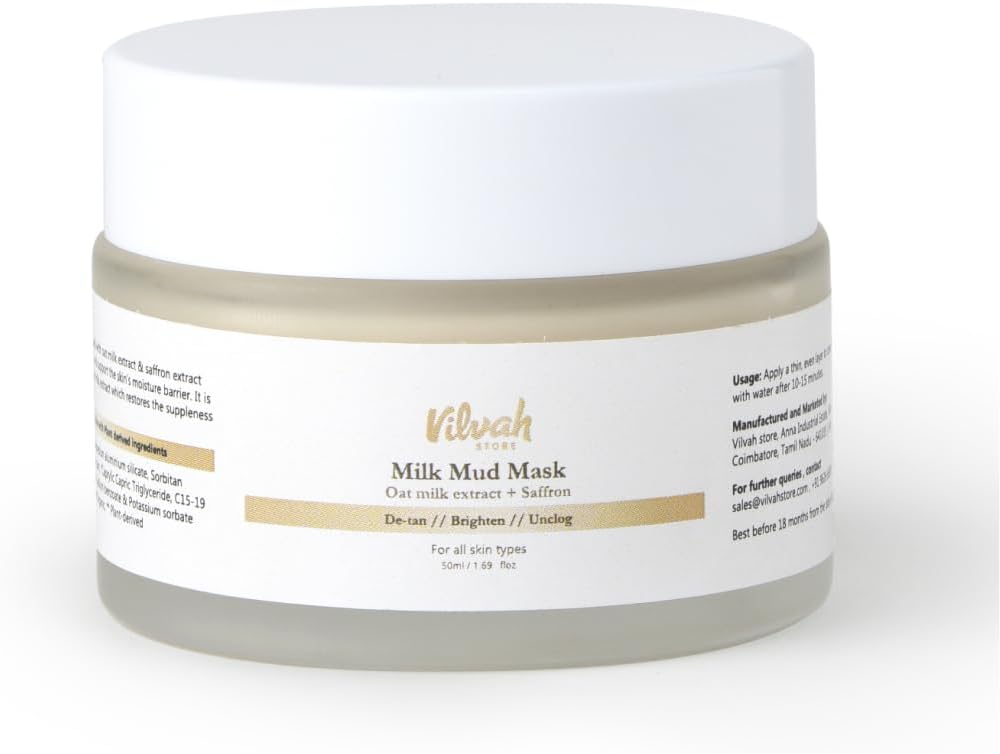 - Vilvah Milk Mud Face Mask for De-Tan & Bright Skin | Deep Cleansing, Oil Control & Treats Clogged Pores | Oat Milk, Saffron & Kaolin Clay | For All Skin Types, Men & Women | 50ml