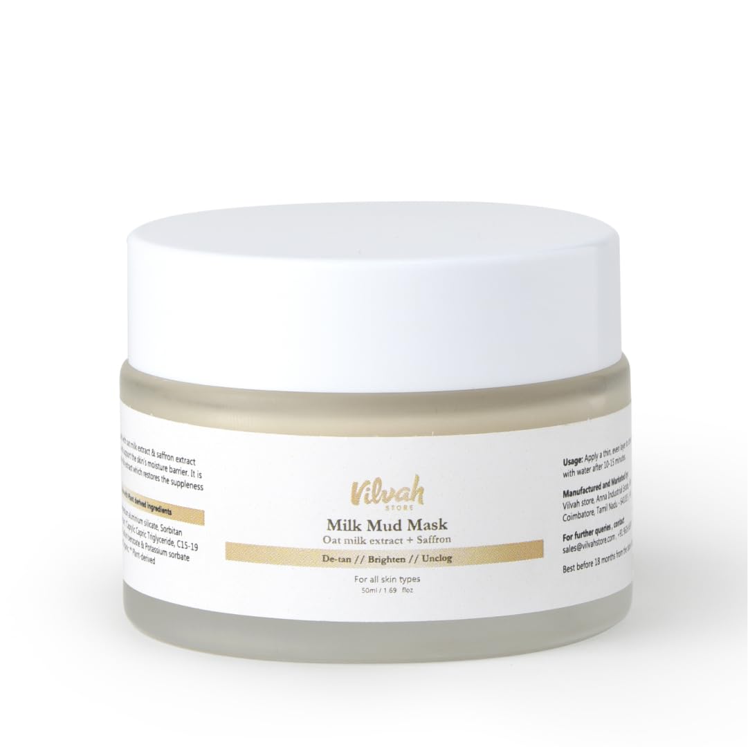 Vilvah Milk Mud Face Mask for De-Tan & Bright Skin | Deep Cleansing, Oil Control & Treats Clogged Pores | Oat Milk, Saffron & Kaolin Clay | For All Skin Types, Men & Women | 50ml Vilvah Milk Mud Face Mask for De-Tan & Bright Skin | Deep Cleansing, Oil Control & Treats Clogged Pores | Oat Milk, Saffron & Kaolin Clay | For All Skin Types, Men & Women | 50ml
