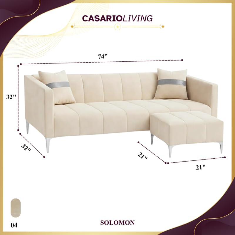 Image of Solomon 4 Seater L Shape Sofa Set with Movable Ottoman | Flexible Left or Right Layout | Luxe Velvet Suede Fabric | Comfortable Seating | Modern Sofa for Living Room - Cream