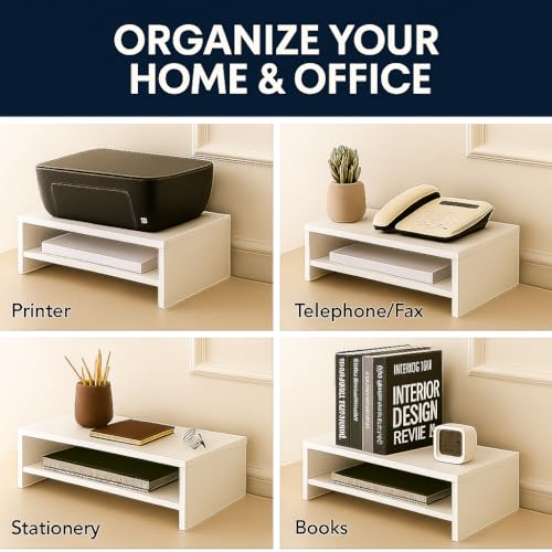 Image of Wooden Monitor Stand with Storage Organizer For Desk, Tables, Office, Home, Studio, Study Table | Desktop Ergonomic Monitor Stand Riser (White, Large)