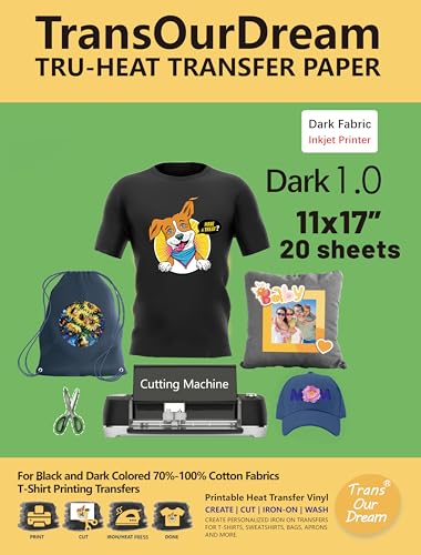 TransOurDream Tru-Iron on Heat Transfer Paper for Dark Fabric (20 Sheets, 11x17') T Shirt Transfers...