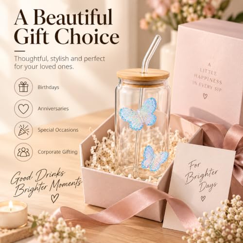 Image of 400ml Sipper Drinking Jar with Bamboo Lid & Glass Straw, Butterfly Printed Mason Jar Cup, Leakproof Reusable Smoothie & Juice Tumbler, Beverage Glass for Home & Office (Pack of 1)