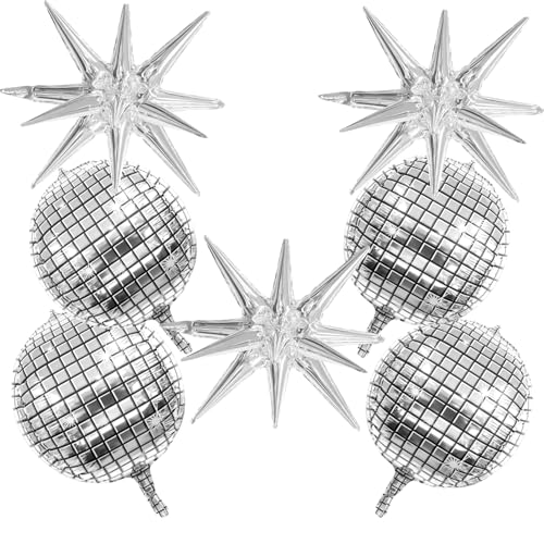 Image of Disco Ball Balloons, 7 PCS Foil Mylar Balloon Set, 22 Inch Silver 4D Disco Balloon with Explosion Star Balloon for 70s 80s 90s Bachelorette Birthday Party Anniversary Wedding New Year Graduation Decor