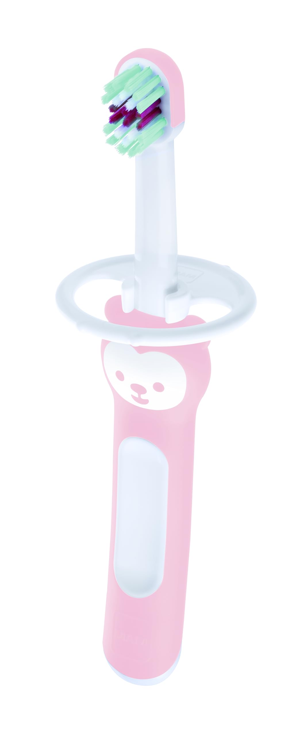 MAM Spazzolino da denti per bambini, manico compatto, ergonomico e antiscivolo, ideale per primi denti, con protezione di sicurezza, testa piccola e setole extra morbide, rosa, confezione da 1