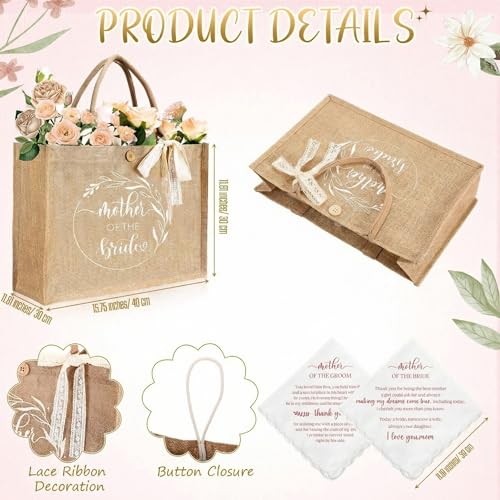 Image of Hushee 12 Pcs Mother of the Bride Groom Gift Set: Satin Robes for Women Tote Bags Makeup Bags 16oz Glass with Straws Handkerchiefs Mirrors for Mom Bridal Shower Wedding Gifts (Pink,Flower)