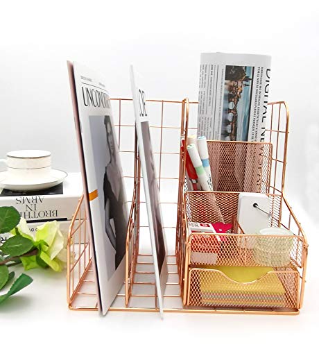 Rose Gold Mesh Desk Organizer Office Accessories (Give for Four Binder Clips) Multifunctional Desktop with 6 Compartments 1 Sliding Drawer for Home, Office, Cosmetic, Home Decor Box Storage