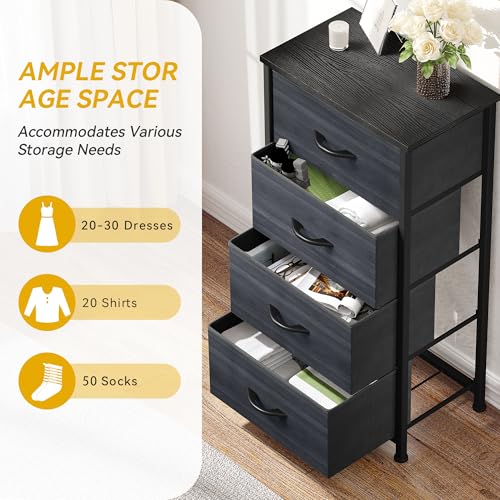 DWVO 4 Drawers Dresser, Dresser for Bedroom, Fabric Storage Tower, Chest of Drawers, Organizer Unit for Closets, Living Room, Sturdy Steel Frame, Wooden Top, Easy Pull Fabric Bins