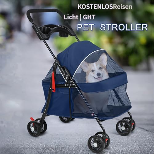 2in1 Hundewagen, Hundebuggy mit 1 Getränkehaltern, Hundebox Transporttasche Faltbar klappbar mit Feststellbremse, Bollerwagen für Hunde, 48 cm * 68 cm * 95cm (Blau)