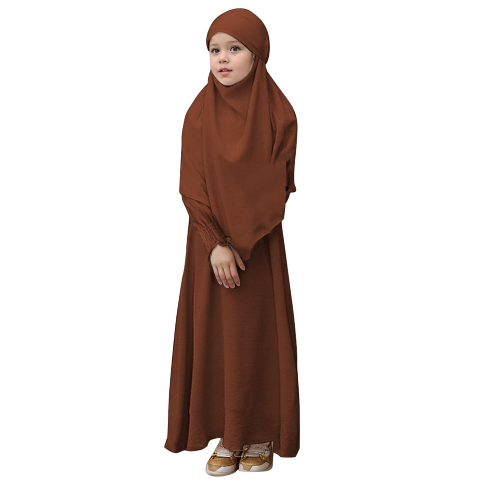 Generisch Abaya Robe unie à volants pour fille - Col rond - Robe caftan avec motif ondulé - Élégante robe de prière