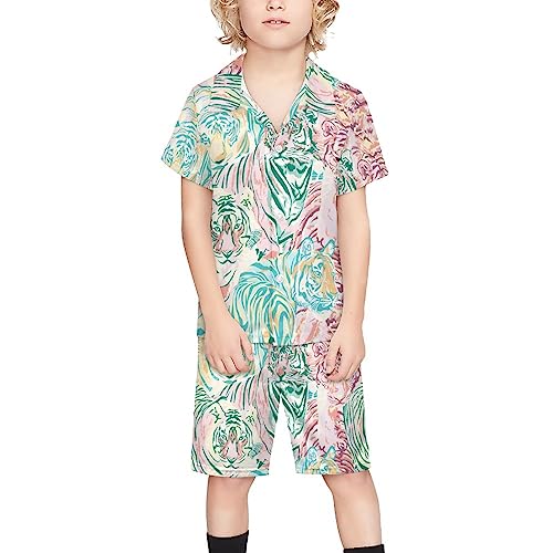 OLGCZM Animal Tiger Art Boys Hawaiian Shirt Sets Kids Casual Button Down Short Sleeve Shirt 5-6T3