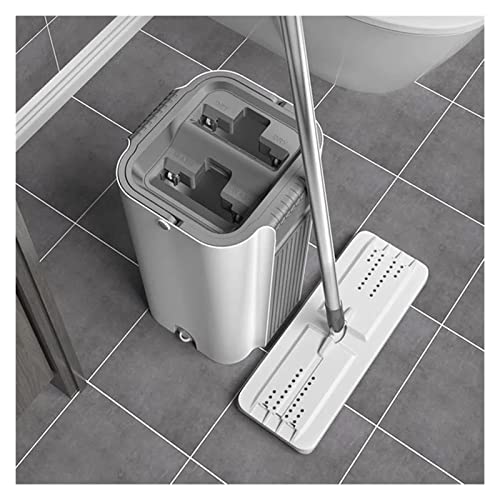 AnraM Wischmopp/flacher Bodenwischer zum Drücken und Eimern, Set mit Handwäsche, Bodenwischer, Haushaltsreinigungswerkzeug mit 2 Mikrofaser-Pads, 360° drehbarer Moppkopf, Bodenreinigungssystem,