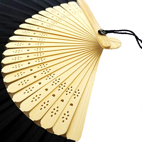 Image of Fabric Handheld Folding Hand Fan With a Tassel Grade A Bamboo Ribs for Women Girls Summer Party Event Favor Birthday Wedding Souvenir Gift (Black)