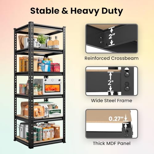 Image of Blue boy Adjustable Shelving 6 Tier- Metal Boltless Rack for Storage & Display /Garage Shelves /Organizer for Home & Kitchen (72 x 24 x 12 Inch /Black- Wooden Shelf)