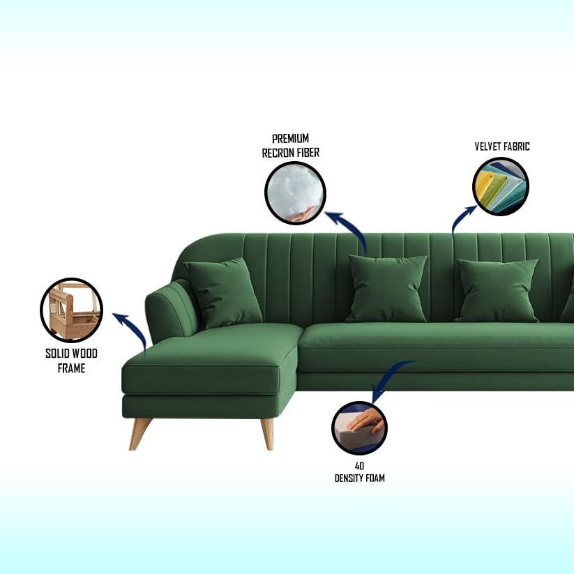 Image of Atticus RHS 6 Seater L Shape Sofa Set for Living Room (Green Fabric) Premium Fabric Sofa Set