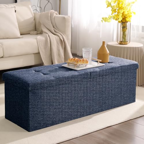 Image of Storage Ottoman Bench Foldable Footrest Foot Stool, 45 inch Fabric Navy