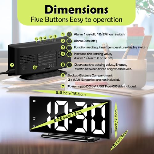 Image of LED Digital Alarm Clock for Bedroom, Plug in Clocks with Dual Alarm /Snooze /Temperature Waterproof 3 Brightness Level, Big Numbers Display and Battery Backup for Desk, Table, Office, Black