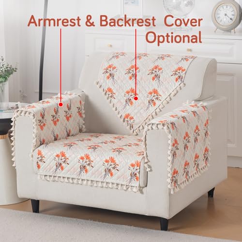Image of HOKIPO Autumn Blossom Quilted Sofa Cover Mat with Tassels for 1 Seater 'Tassel Twigs' Series (IN-982-T5)