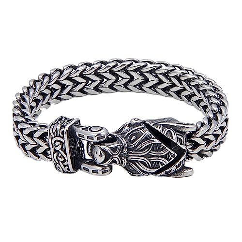 Pulsera de Cadena de Malla de Lobo Vikingo Para Hombre -Brazaletes de Talismán de Cabeza de Lobo Con Nudo Celta de Acero Inoxidable Nórdico -Moda Pesada Odin Fenrir Amuleto Pulsera Joyería(21CM)