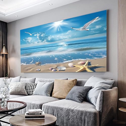 Quadri Moderni Soggiorno Su Tela Conchiglie Di Stelle Marine Del Paesaggio Del Mare Del Nord Blu Stampe da Parete per Soggiorno e Camera da Letto, Decorazioni per la Casa, Quadretti da Parete 80x160cm