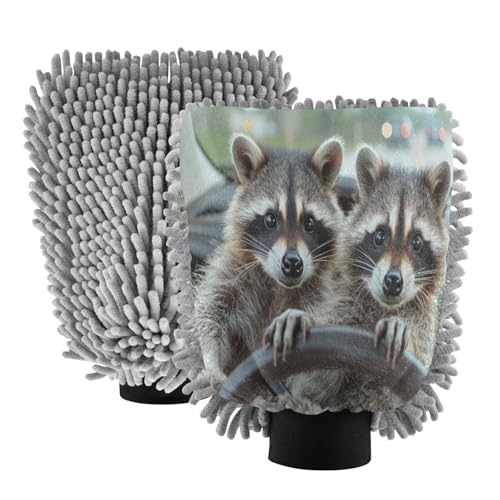 Kigai Cute Raccoon Playing Guitar Car Wash Mitt Microfiber, 2Pcs Scratch Free Lint-Free, Premium Chenille Microfiber Mitt Car Wash Brush-L