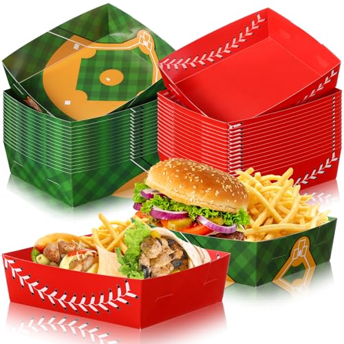 Image of Teling 36 Pcs Large Baseball Plates Party Trays 5 Lb Food Boat,Red | Paper Plates with Baseball Designs, Holds Nachos Burgers Fries, For Softball Birthday Party Supplies, Serving Snack Boats