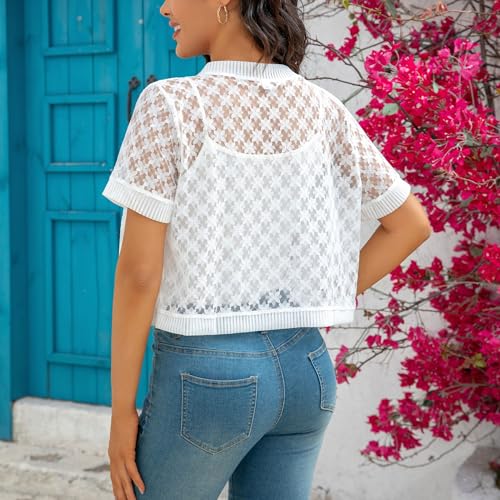 Image of FindThy Women's Cropped Bolero Shrugs Short Sleeve Open Front Floral Lace Hollow Out Cardigan Jacket