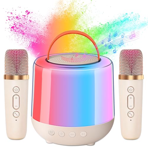 DeeprBling Mini máquina de karaoke com 2 microfones sem fios, altifalante karaoke portátil com luzes LED, karaoke infantil com microfone, efeitos de mudança de voz, presentes para meninas, crianças