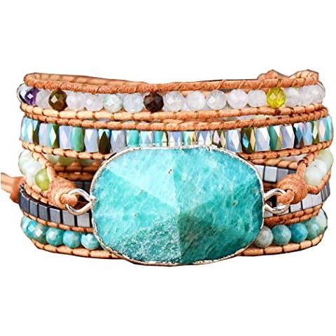 Boho Handmade Natural Stone Wrap Bracelets Turquoises Crystal Beads Bracelet Jewelry, Amazonite Cover
