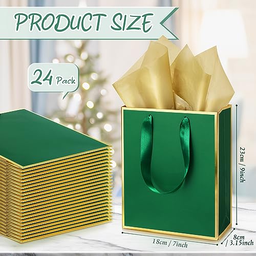 Image of Yeaqee 24 Pack Metallic Paper Gift Bag with Tissue, Green Gold
