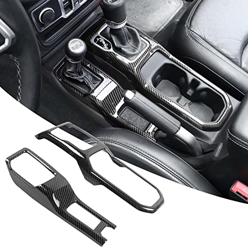 RT-TCZ Carbon Fiber Center Console Gear Shift Panel Trim Cover 4WD Four Wheel Drive Cup Holder Panel Trim Cover Decoration Interior Accessories for Jeep Wrangler JL JLU & Gladiator JT 2018-2024