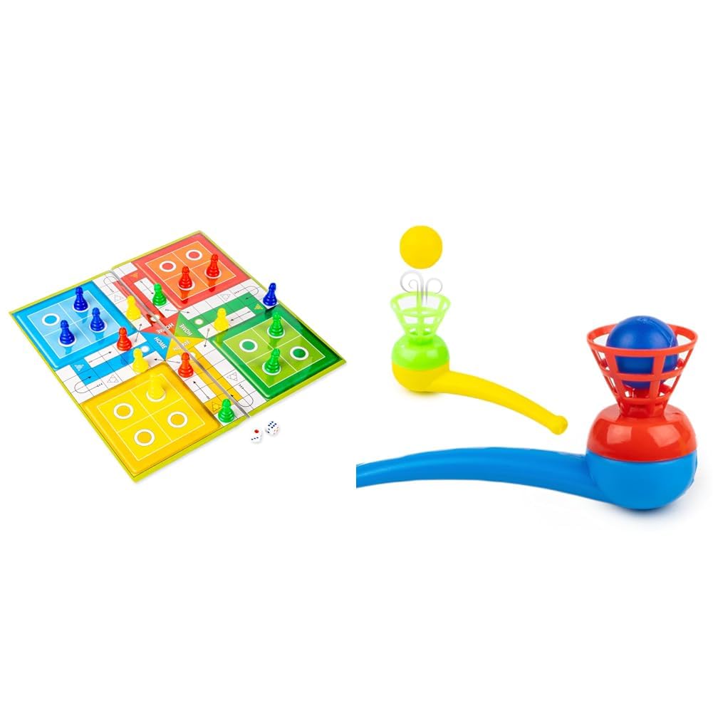 RATNA'S Classic Strategy Game Little Snakes and Ladders with Ludo 2 in 1 for Young Businessman (Multicolour) & Magic Blow Pipe Set of 2 Floating Ball Creative Magic Blowing Ball Toy