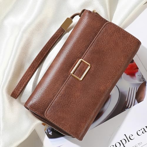 Image of Women Leather Wallet Crossbody Shoulder Bag with Double Zipper and Mobile Phone Purse with Shoulder Strap
