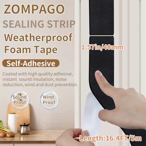 Image of ZOMPAGO Foam Tape Weather Stripping, 1.6in x 16.4FT Black Single Sided Adhesive Rubber Seal Strip, Window Gap Filler & Door Seal Weatherstripping for Doors, Exterior Window Gasket Door Insulation