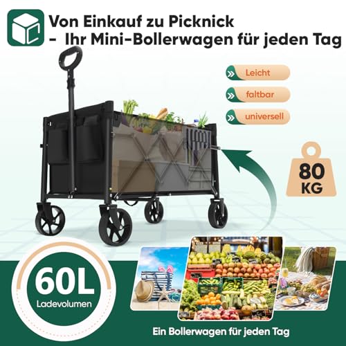 Sekey Bollerwagen Faltbar Klein 80KG, Handwagen Klappbar, Faltbarer Einkaufswagen Campingwagen mit Höhenverstellbarem Griff, Leicht & Platzsparend & Stabil, Mini 4029, Schwarz