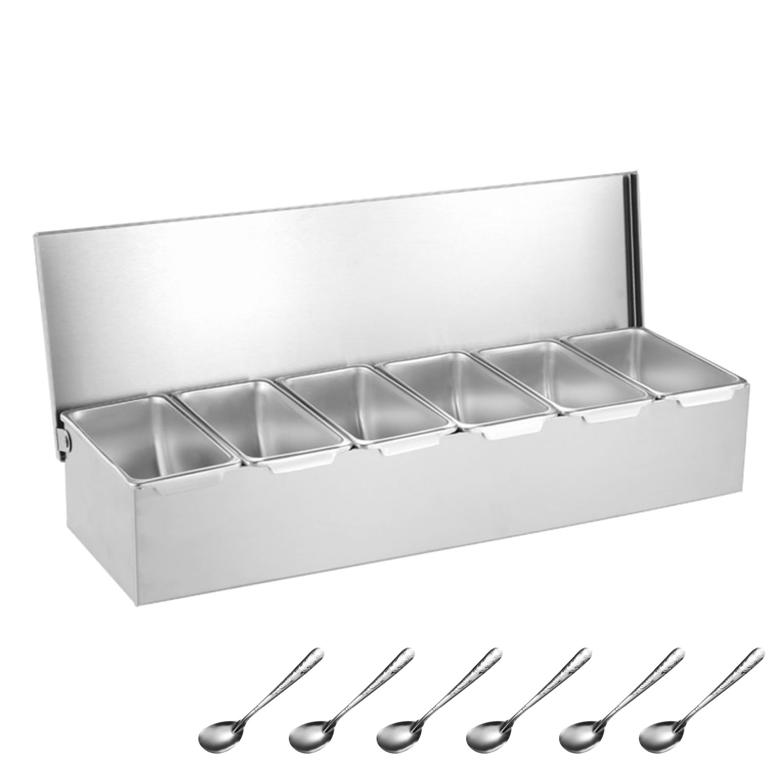 TAIMIKO Contenitore per ingredienti in acciaio inox, 6 griglie, contenitore per spezie, 45 x 14 x 8 cm, contenitore per barbecue con coperchio e griglia interna estraibile, portaspezie cucina