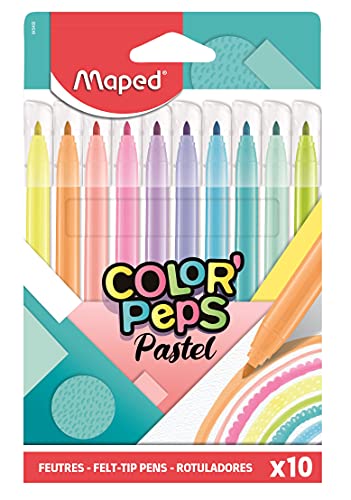 Maped - Feutres de Couleur Color'Peps - Feutres de Coloriages et Dessins Pastel - 10 Couleurs Douces et Acidulées - Boîte carton 845469
