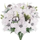 HUAESIN 2Pcs White Poinsettias Artificial Christmas Flowers Bouquet with Norfolk Pine Berries 17.7' White Artificial Flowers Silk Christmas Floral Arrangements for Winter Holiday Xmas Tree Home Decor