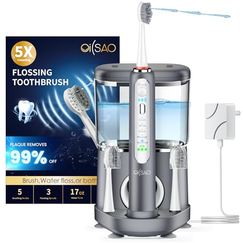 OILSAO Cepillo de dientes eléctrico con hilo dental en uno, cepillo dental profesional para limpieza de dientes y uso de hilo dental, eliminación de placa, recargable, 5 modos de cepillo y 3