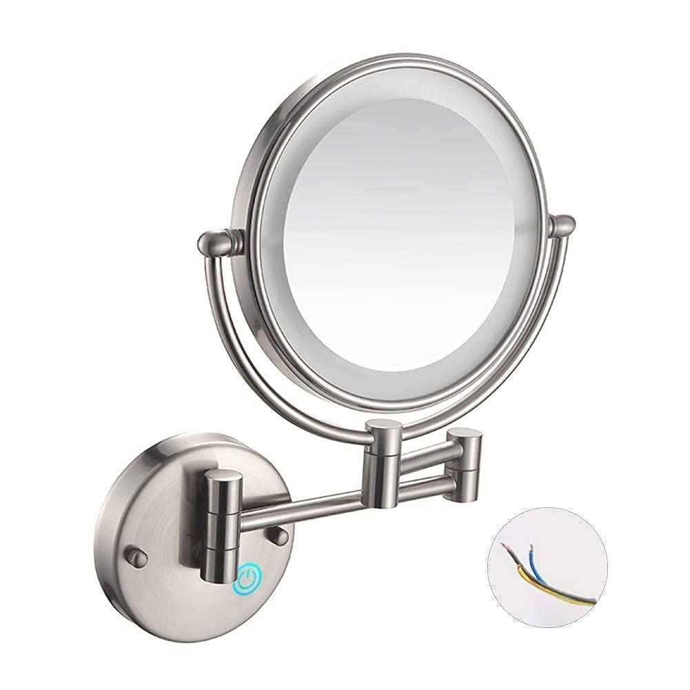 SXFSDOU 8-Inch Wall Mounted Vanity Mirror with 7X/10X Magnification, LED Lighted Shaving for Bathroom, Brushed Nickel Finish, Perfect Makeup and Grooming
